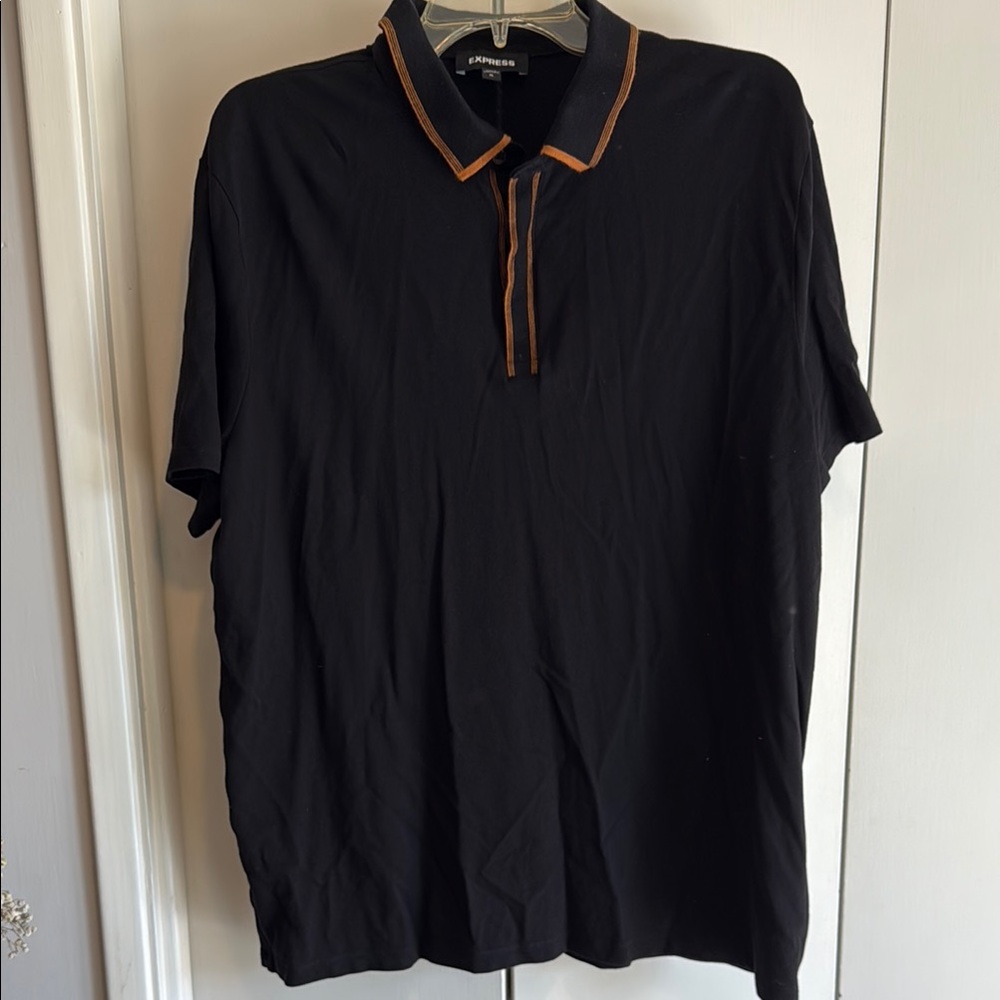 Express Men’s Black Polo Shirt with Tan Knit Collar